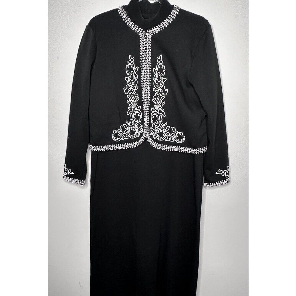 Vintage Boho Art To Wear L Black Knit MAXI Dress Matching Cardigan Embroidery